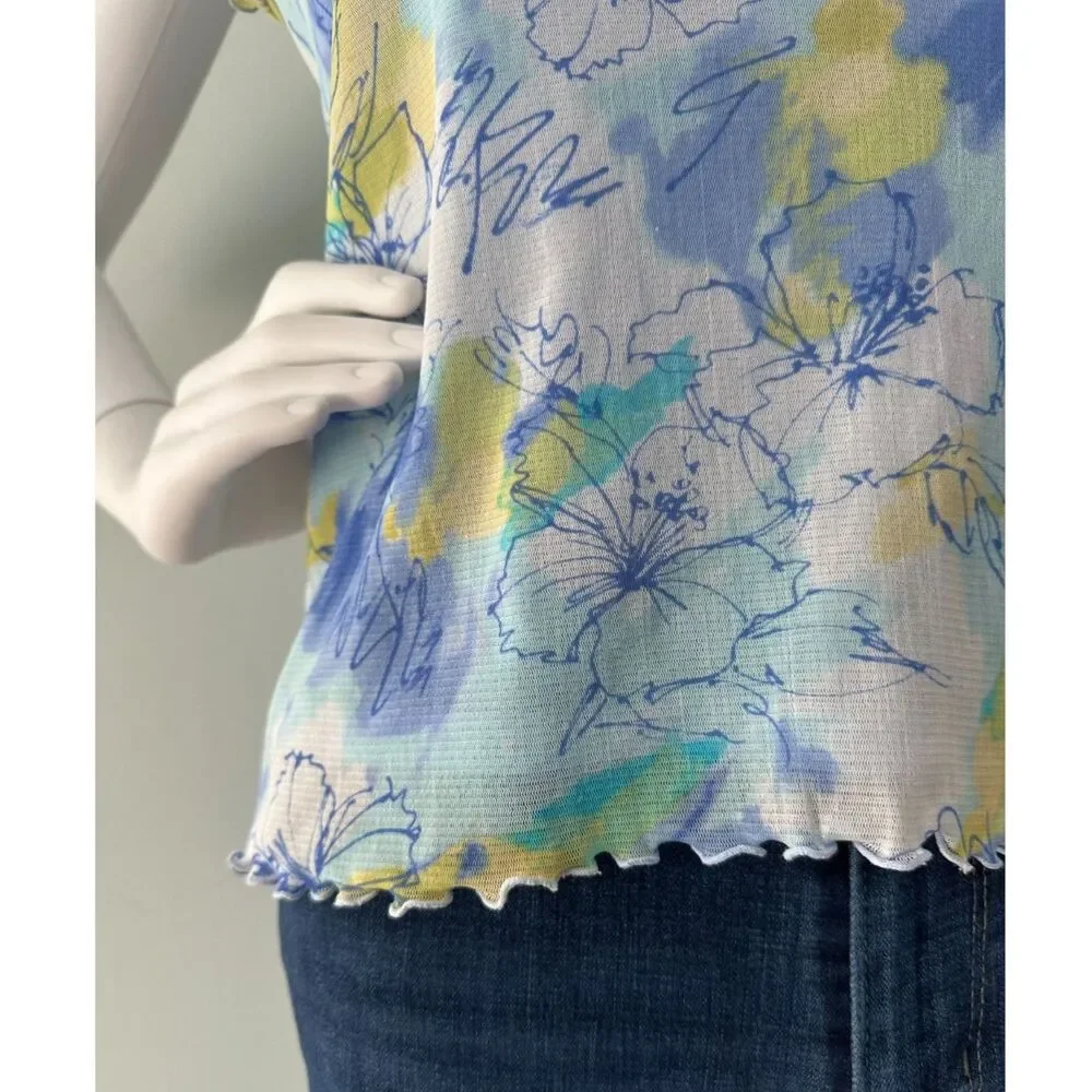 Vintage Y2K Pastel Floral Mesh Top Lettuce Hem Fairycore Baby Tee size Medium
